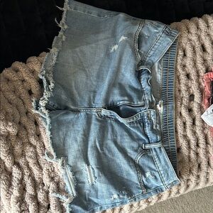 aerie Light Blue Distressed Boyfriend Denim Shorts